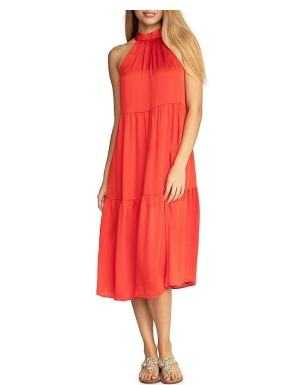 Trina Turk Immeasruable Midi Tiered Halter Dress in Red Lava Size M Retail $248